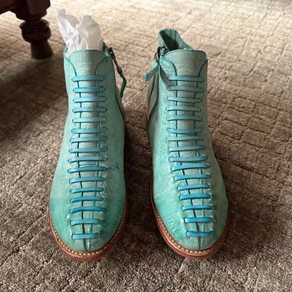 John Fluevog Shoes - John Fluevog Babette - Women's Turquoise Ankle Boot with Faux Laces